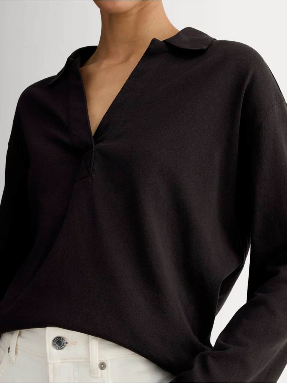 Everlane Mariner Rugby Women's Black V-Neck Long Sleeve Polo Top - Picture 6 of 6